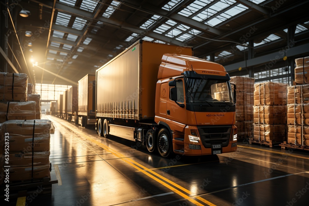 Dynamic logistics hub: Trucks loading, goods moving through warehouses, workers orchestrating, Generated with AI Dynamic logistics hub: Trucks loading, goods moving through warehouses, workers orchestrating, Generated with AI