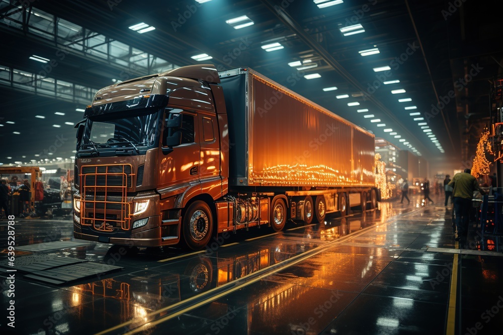 Dynamic logistics hub: Trucks loading, goods moving through warehouses, workers orchestrating, Generated with AI Dynamic logistics hub: Trucks loading, goods moving through warehouses, workers orchestrating, Generated with AI
