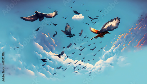 Sky, Birds, Birds in the sky, Blue, Blue sky, birds flying in the blue sky, flying, Flying birds, Amazing, Amazing view of sky, Scene, Senary