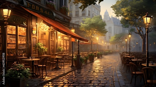a painting of a city street with tables  chairs and lamps. generative ai