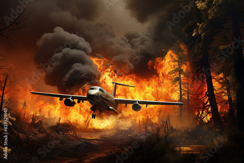 A firefighting plane releases its load of water to extinguish a fire, AI Generative. photo