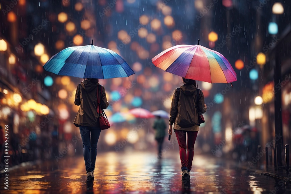 autumn background of a Group of girls hurry at the rain with umbrella in the city