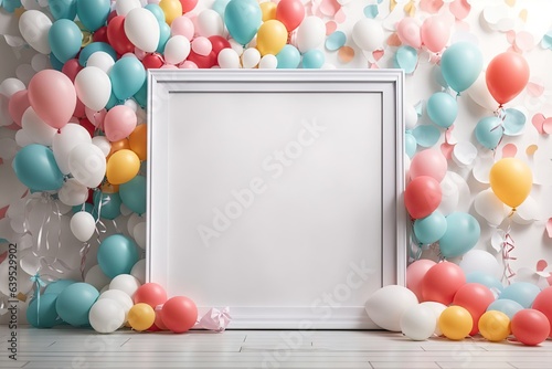 Picture of a blank, empty, photo frame next to colorful balloons. birthday decoration