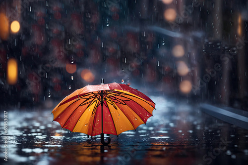 umbrella under rain against water drops splash background. Rainy weather concept.