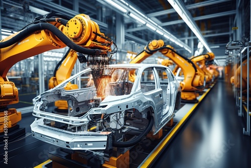 robot arms in the modern automotive industry. Generated with AI