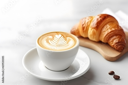 Cup of latte art coffee and delicious croissants on white floor table with space  AI generative