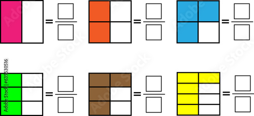 Color math worksheet for fractions.Vector illustration