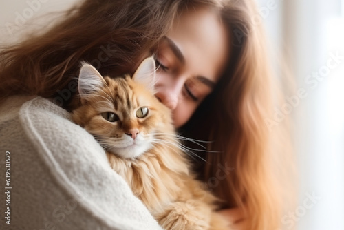 Portrait of people hugging cat pet concept