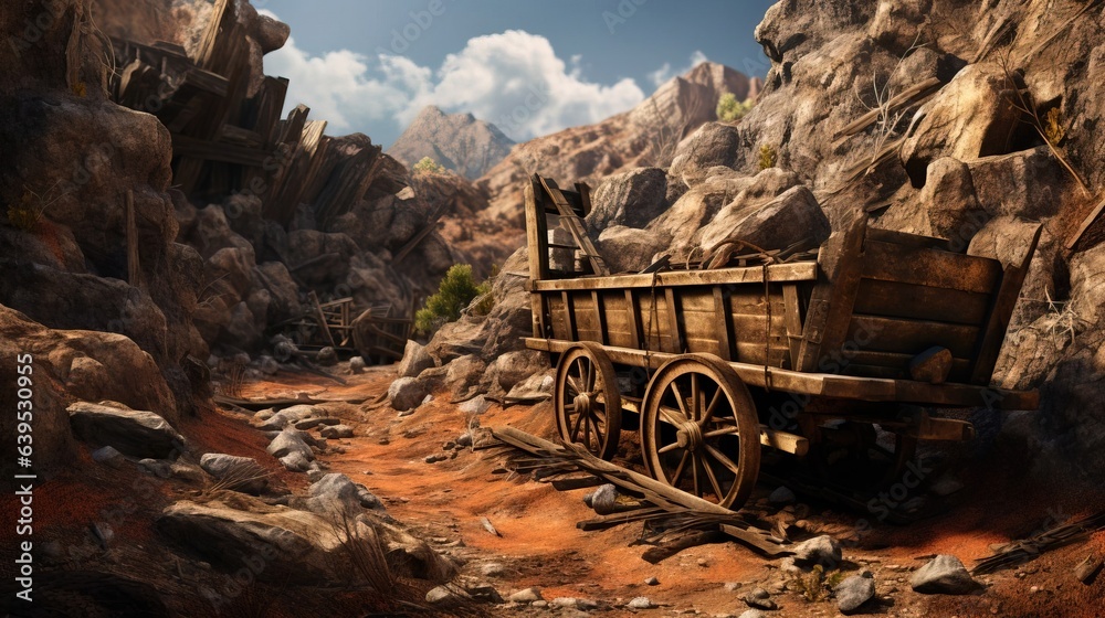 An old abandoned mine from the gold rush period with a cart and a railway. Created with Generative Ai technology. - obrazy, fototapety, plakaty 