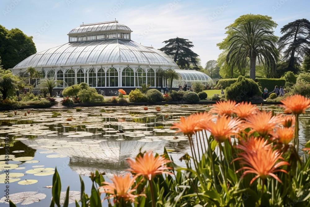 View of Kew Garden's Palm House Orangery on a sunny day in England. Generative AI - obrazy, fototapety, plakaty 