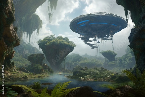 An above-ground landmass floats over Pandora in the film Avatar. Generative AI