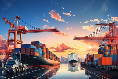 world of shipping transports. Depict a bustling port with cargo ships of various sizes and types, loading and unloading goods by cranes.Generated with AI