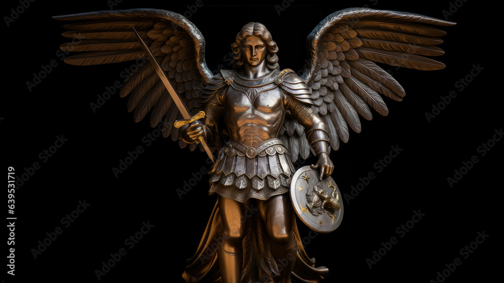 Statue of Archangel Michael with a sword on a black background