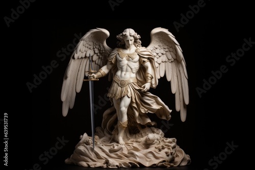 Statue of Archangel Michael with a sword on a black background