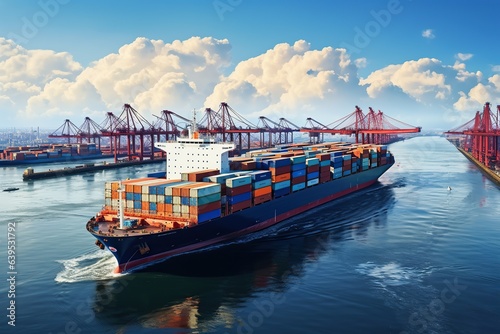 world of shipping transports. Depict a bustling port with cargo ships of various sizes and types  loading and unloading goods by cranes.Generated with AI