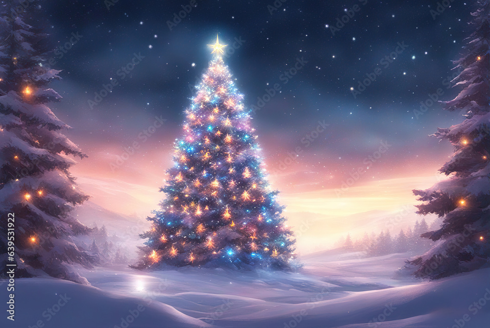 Christmas tree with beautiful lights among trees covered with snow, Christmas winter magic background.