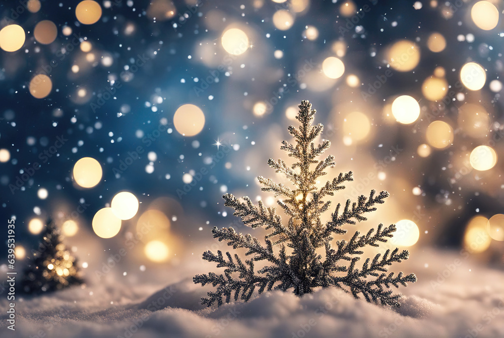 Naklejka premium Christmas blurry background with snowflakes, lights and bokeh, magic Christmas wallpaper.