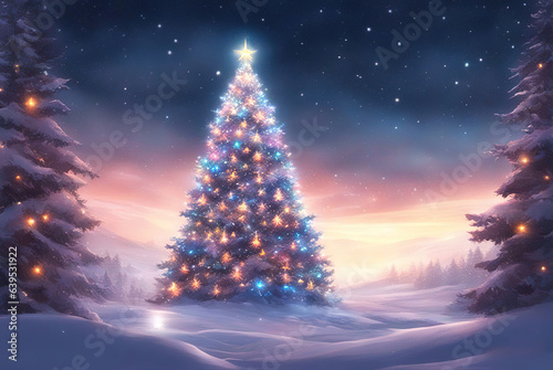 Christmas tree with beautiful lights among trees covered with snow, Christmas winter magic background. © Cobalt