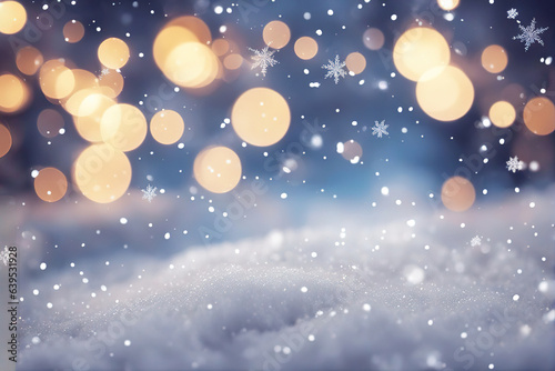 Christmas blurry  background with snowflakes, lights and bokeh, magic Christmas wallpaper. © Cobalt