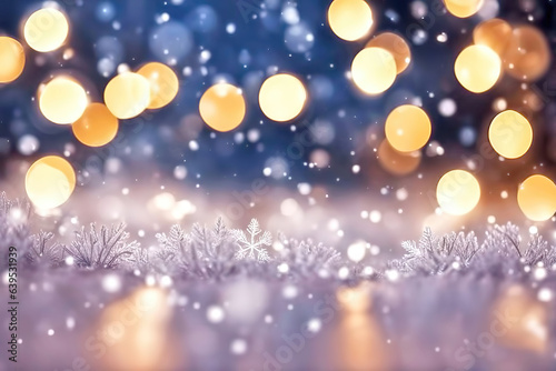 Christmas blurry background with snowflakes, lights and bokeh, magic Christmas wallpaper.