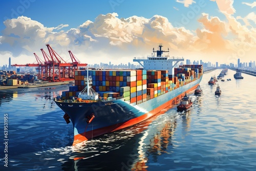 world of shipping transports. Depict a bustling port with cargo ships of various sizes and types, loading and unloading goods by cranes.Generated with AI photo