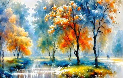 Watercolor landscape, multicolored forest, trees with colorful leaves, artistic vision of autumn splash art. Generative Ai.