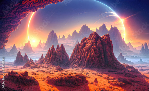 Landscape of an alien planet, beautiful view of red desert on another planet, fictional sci-fi background.