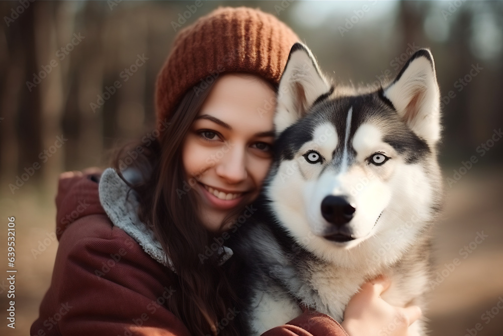 Portrait of people hugging husky dog pet concept