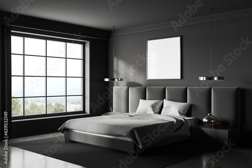 Grey hotel bedroom interior with bed and panoramic window. Mockup frame