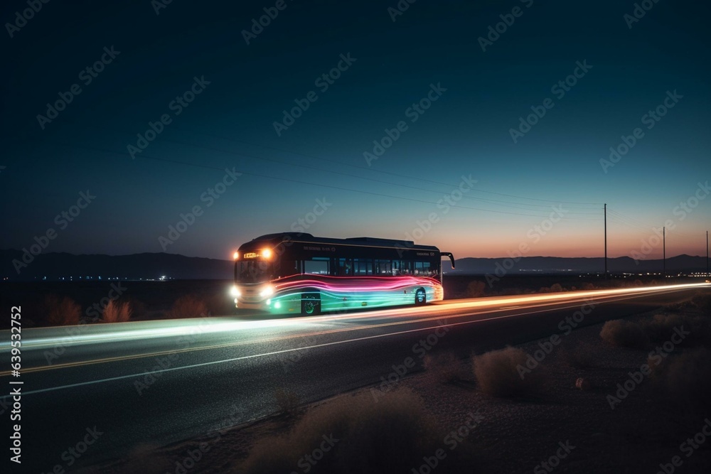 a modern bus with vibrant lights moving along a nocturnal highway in the desert. Generative AI