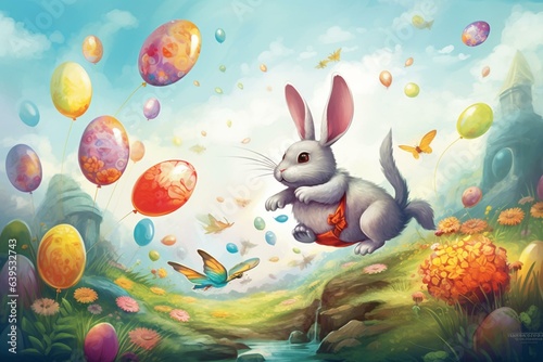 A vibrant Easter bunny and soaring eggs embark on a delightful journey. Generative AI