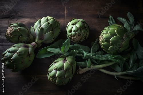 Arranged on a wooden table, artichokes with green heads are beautifully nested. Generative AI
