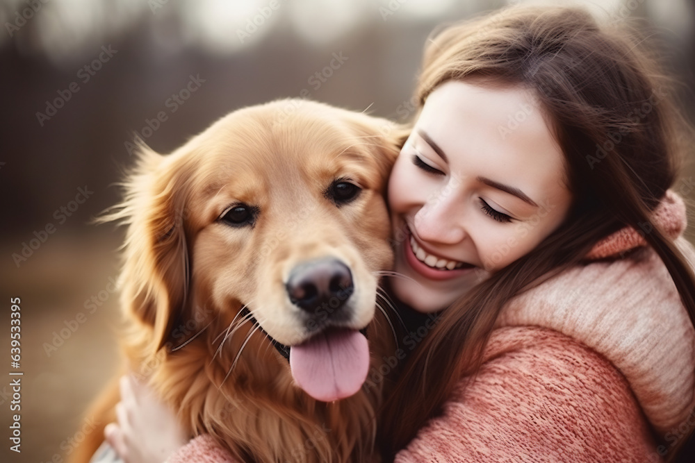 Portrait of people hugging golden retriever dog pet concept