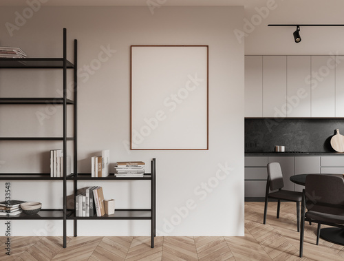 Stylish home kitchen interior with shelf and eating space. Mockup frame