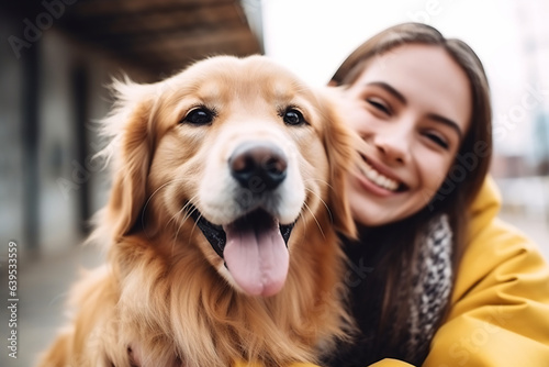 Portrait of people hugging golden retriever dog pet concept