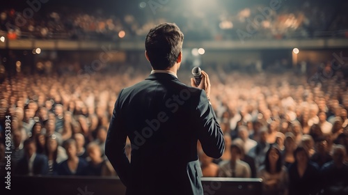 Back view of motivational speaker standing on stage in front of audience for motivation speech on conference or business event. AI generative photo