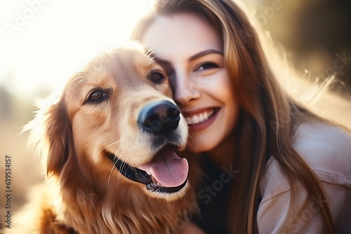Portrait of people hugging golden retriever dog pet concept