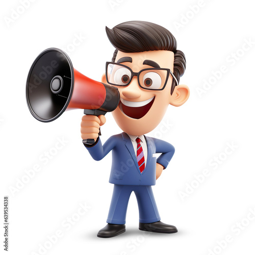 3D cute young businessman character holding megaphone