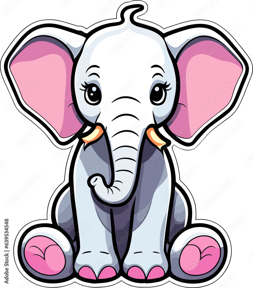 Obraz premium Cute little elephant sticker, flat vector clip art t-shirt design.