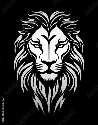 Lion head white logo isolated on black background, king lion artictic design.