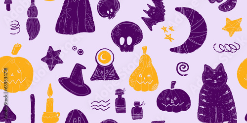 Halloween party decor, pumpkins, cat, skull, broom, ball, hat, poison, etc. Vector seamless pattern..