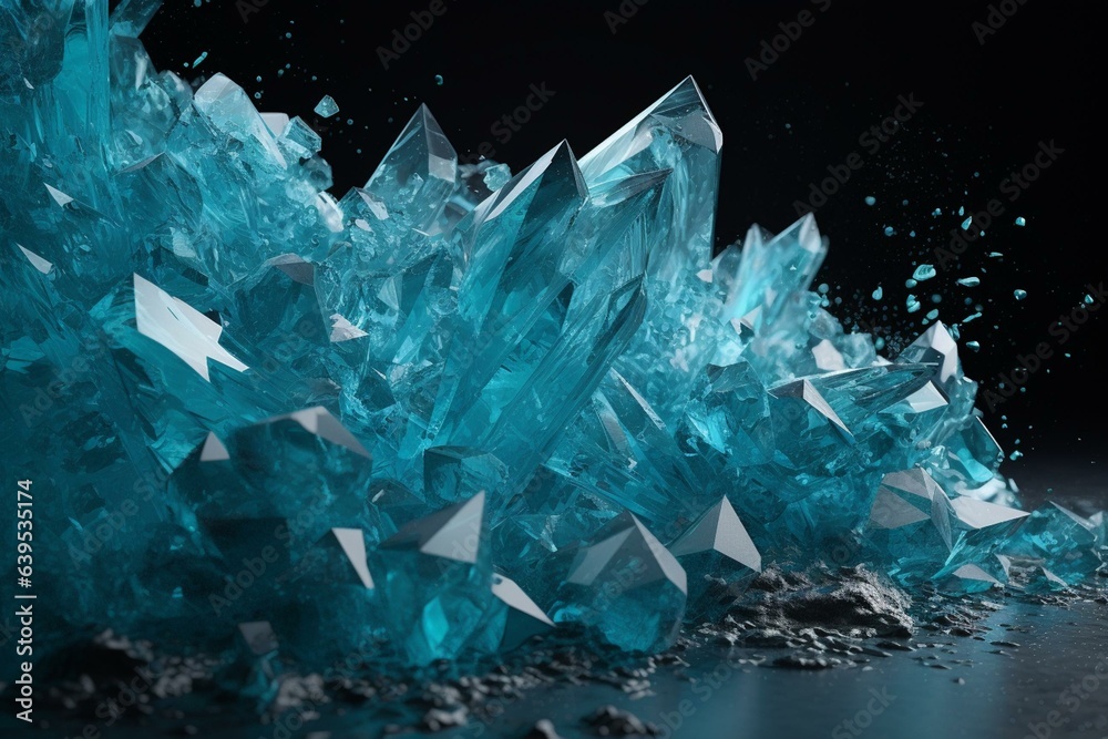 Shards of azure ice shatter against ebony, triggering an eruption of hovering crystalline cubes