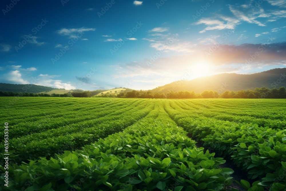 A bright soy farm bathed in sunlight. Generative AI