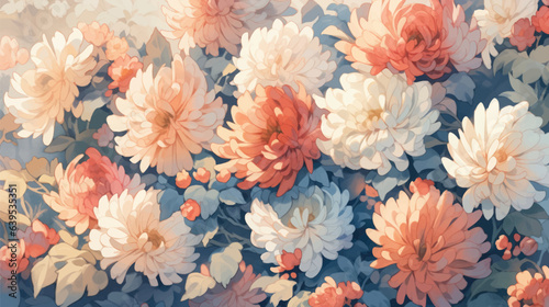 Watercolor Vintage Chrysanthemum Theme with Complementary Colors Background
