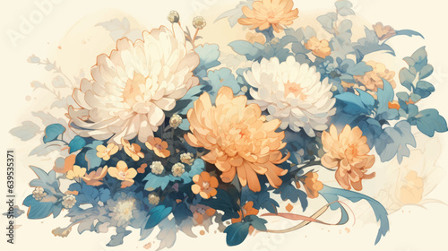 Watercolor Vintage Chrysanthemum Theme with Complementary Colors Background
