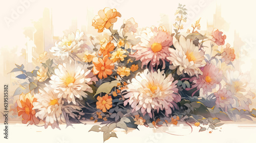 Watercolor Vintage Chrysanthemum Theme with Complementary Colors Background