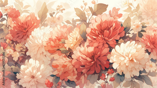 Watercolor Vintage Chrysanthemum Theme with Complementary Colors Background