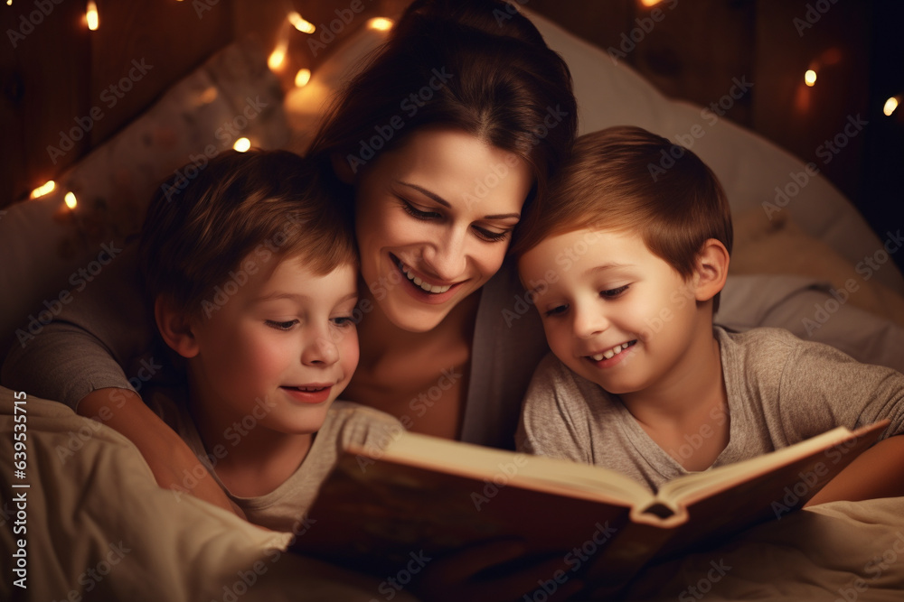 Sceme capturing a heartwarming scene of a loving mom reading enchanting bedtime stories to her children. Ai generated Sceme capturing a heartwarming scene of a loving mom reading enchanting bedtime stories to her children. Ai generated