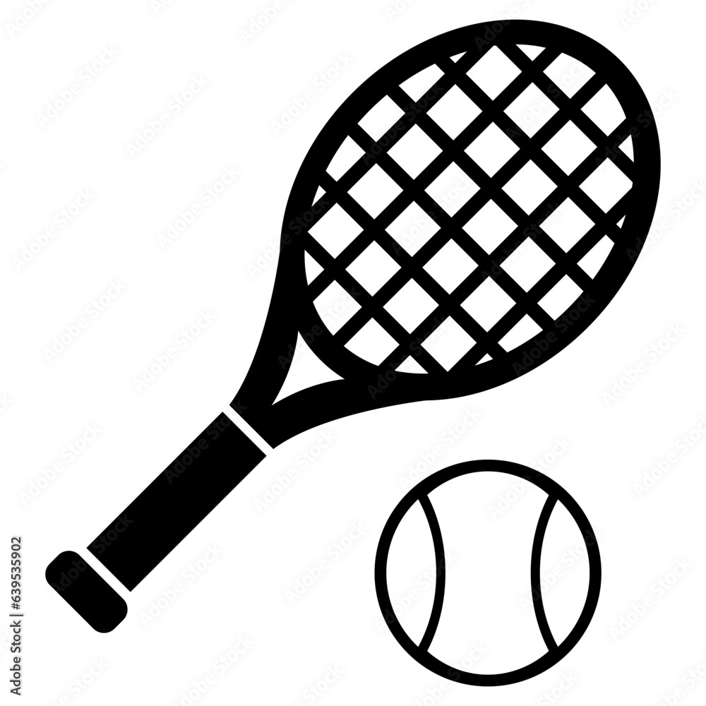Tennis racket and ball icon. Black and White line art style, editable vector Illustration file on transparent background.