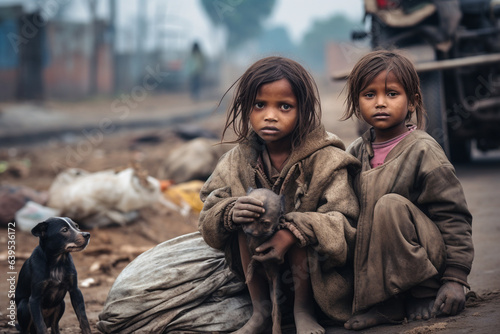 Harsh reality of impoverished children on the streets, begging for survival.  Ai generated